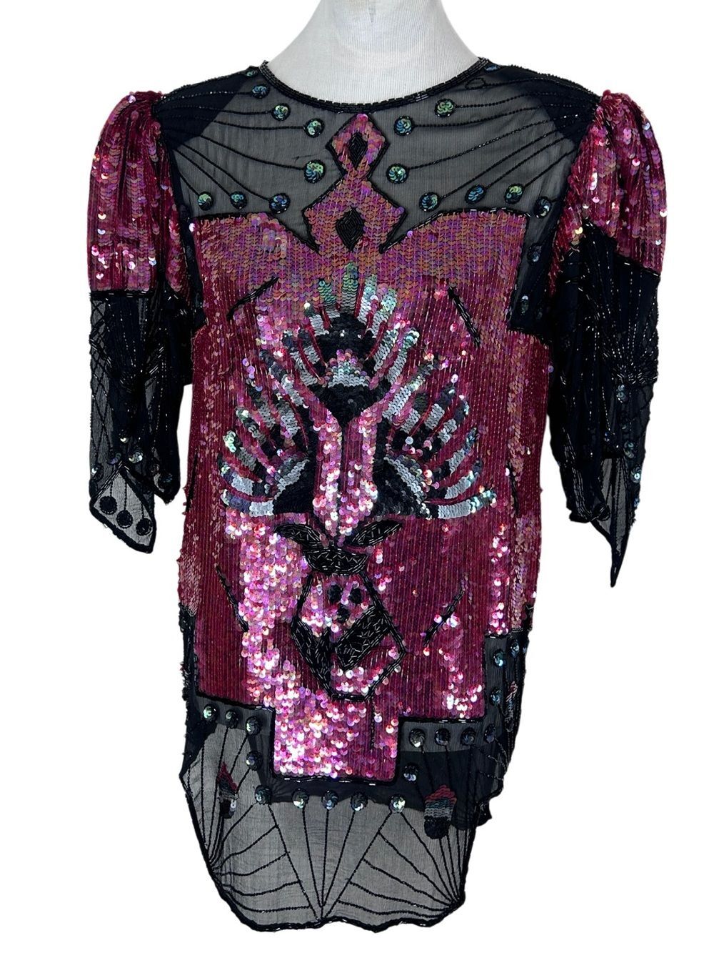 VTG 1980s Judith Ann Creations Art Deco Sequin Beaded Silk Cocktail Dress Tunic
